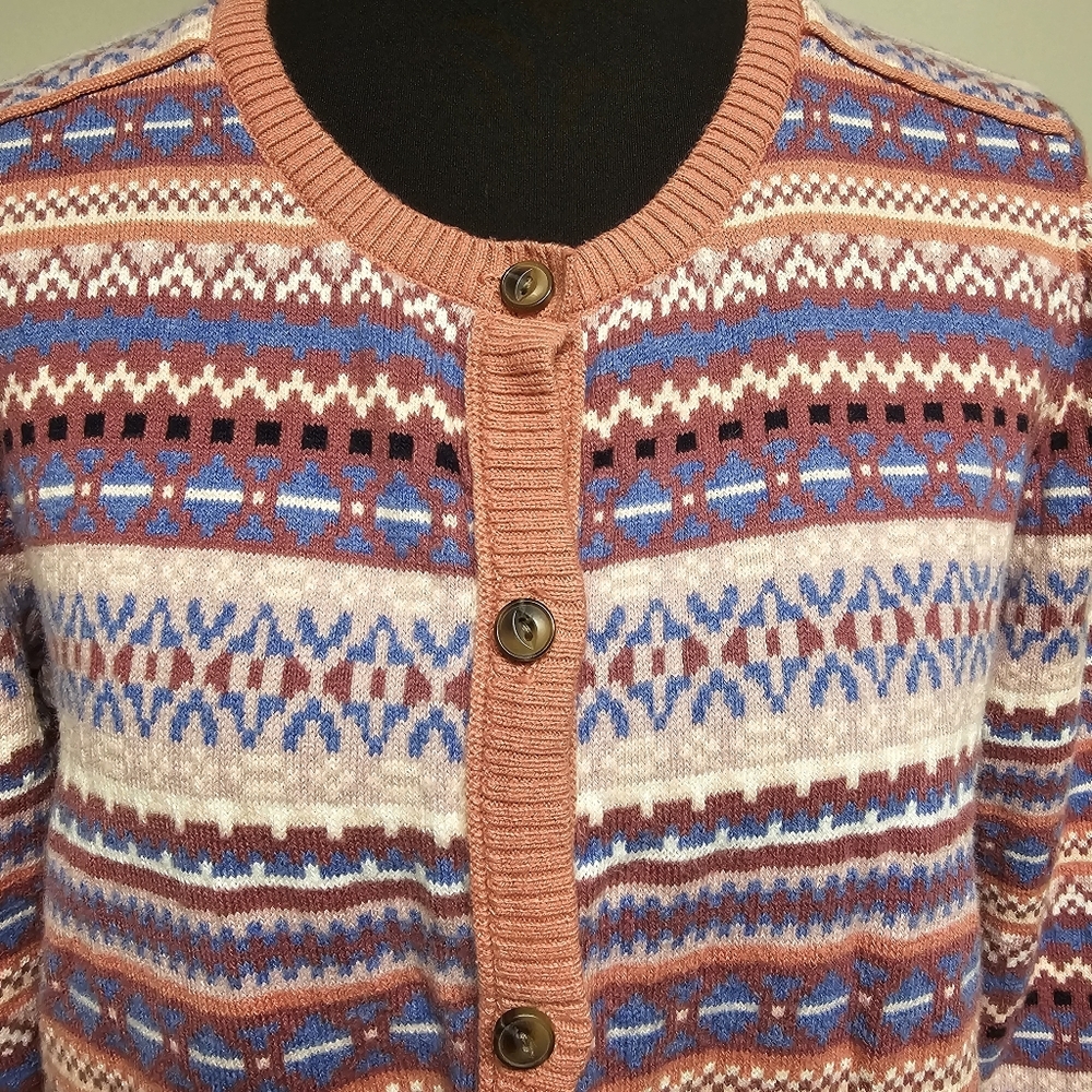 L.L. Bean Cashmere Blend Button Down Cardigan Sweater Fair Isle Pastel Blue - Picture 2 of 9